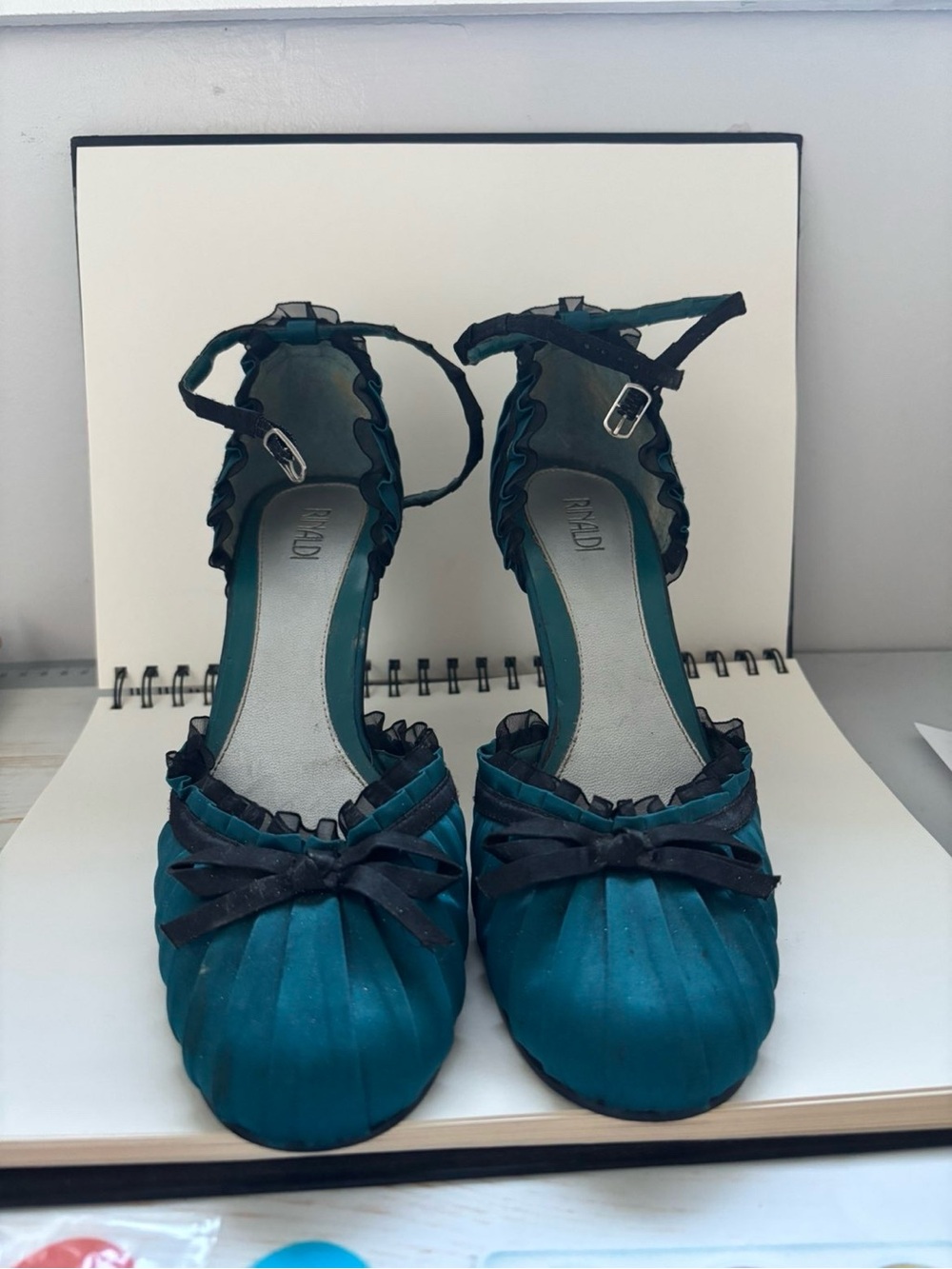 Vintage teal heels with ruffles and bows